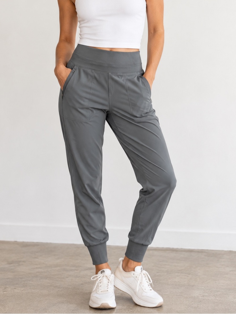 Athleta Grey High Rise Ribbed Waistband Zip Pocket Jogger Pants XS